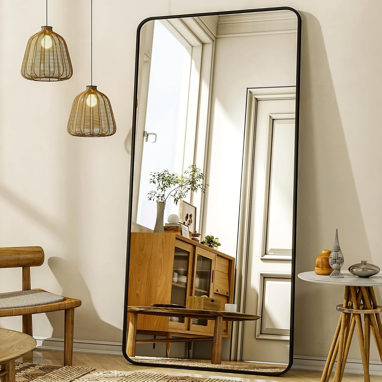 XRAMFY 56"x21" Floor Full Length Mirror Standing Full Body Rounded Corner Rectangle Mirrors with Stand Hanging Wall Mounted Leaning Bedroom Living Room Bedroom Cloakroom,Gold