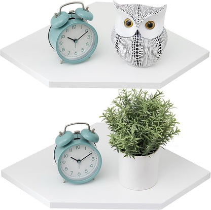 Corner Wall Shelves, Corner Floating Shelves Set of 2 Solid Oak Wood Display Shelf with Wire Hole Small Plant for Kitchen Living Room Natural