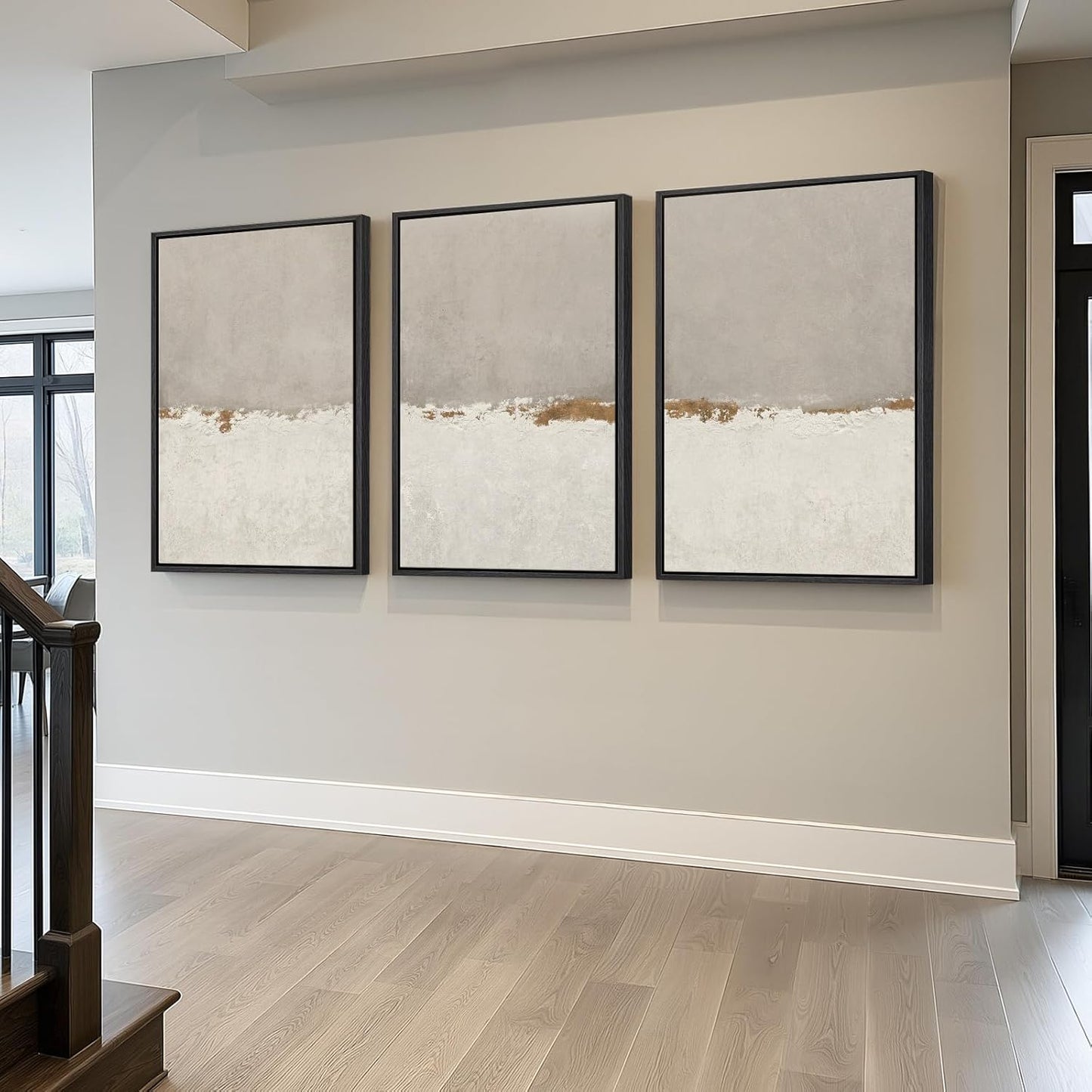 Large Framed Neutral Abstract Wall Art for Living Room, 3 Piece Modern Canvas Prints Paintings Artwork for Walls, Black and Beige Pictures for Living Room Hallway Stair Office Wall Decor 24x36 Inch