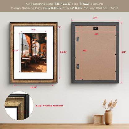 Golden State Art, 11x14 Photo Frame with Mat for Pictures 8x10 and Real Glass (Dark Gold Brown & Bronze Pewter Panel with White Color Mat, 1.25 Inch Frame Border)