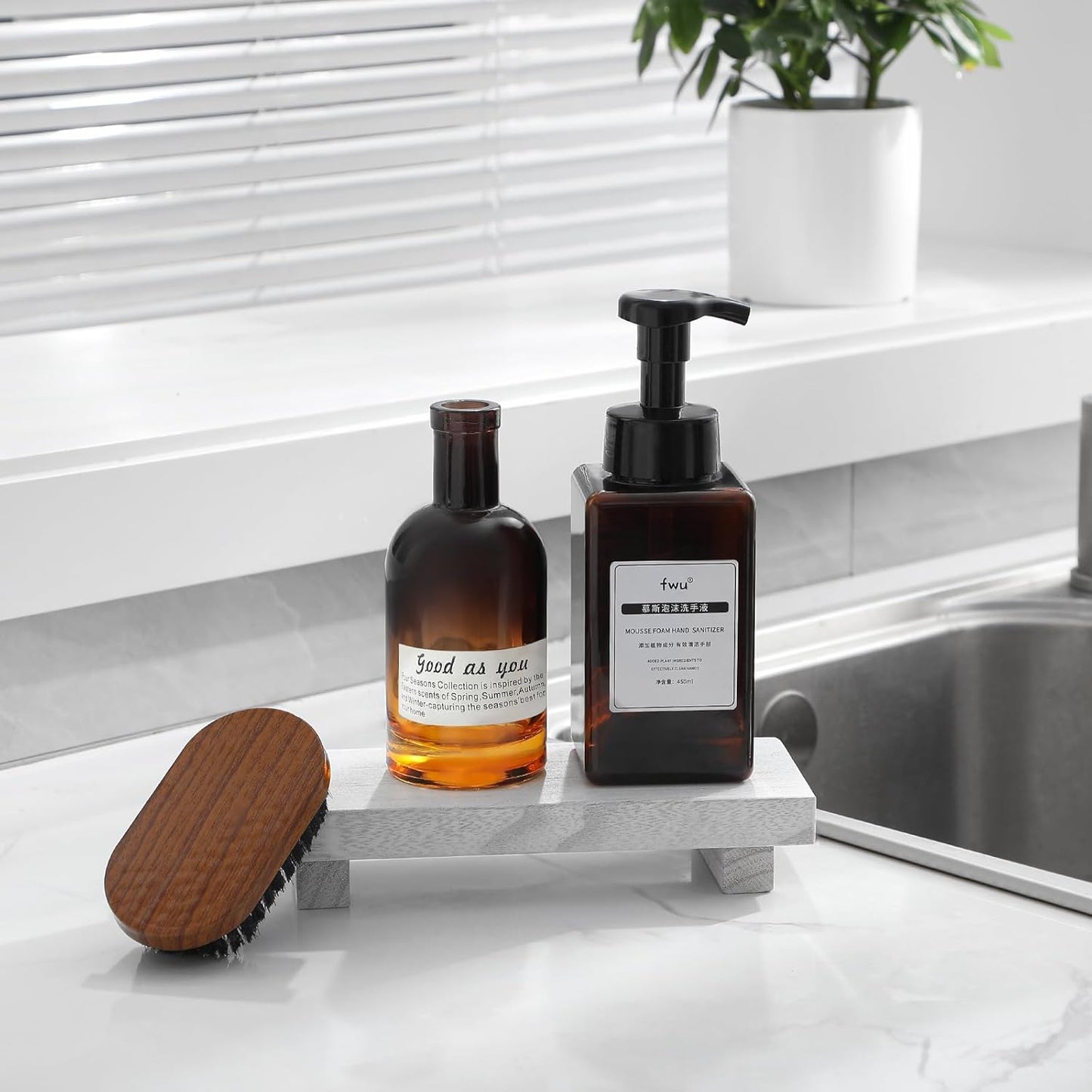 zoocatia Small Wood Tray Pedestal Stand Farmhouse Bathroom Decor Decorative Wooden Riser Kitchen Soap Dish Holder for Vanity, Counter, Sink, Brown
