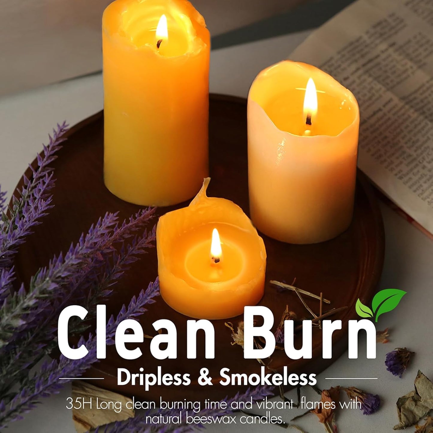 Natural Beeswax Candles 4 Packs, Beeswax Pillar Candles with 140 Hours Burn Time, Organic Emergency Candle Long Burning for Home Room, Smokeless & Dripless, 2x4 inch