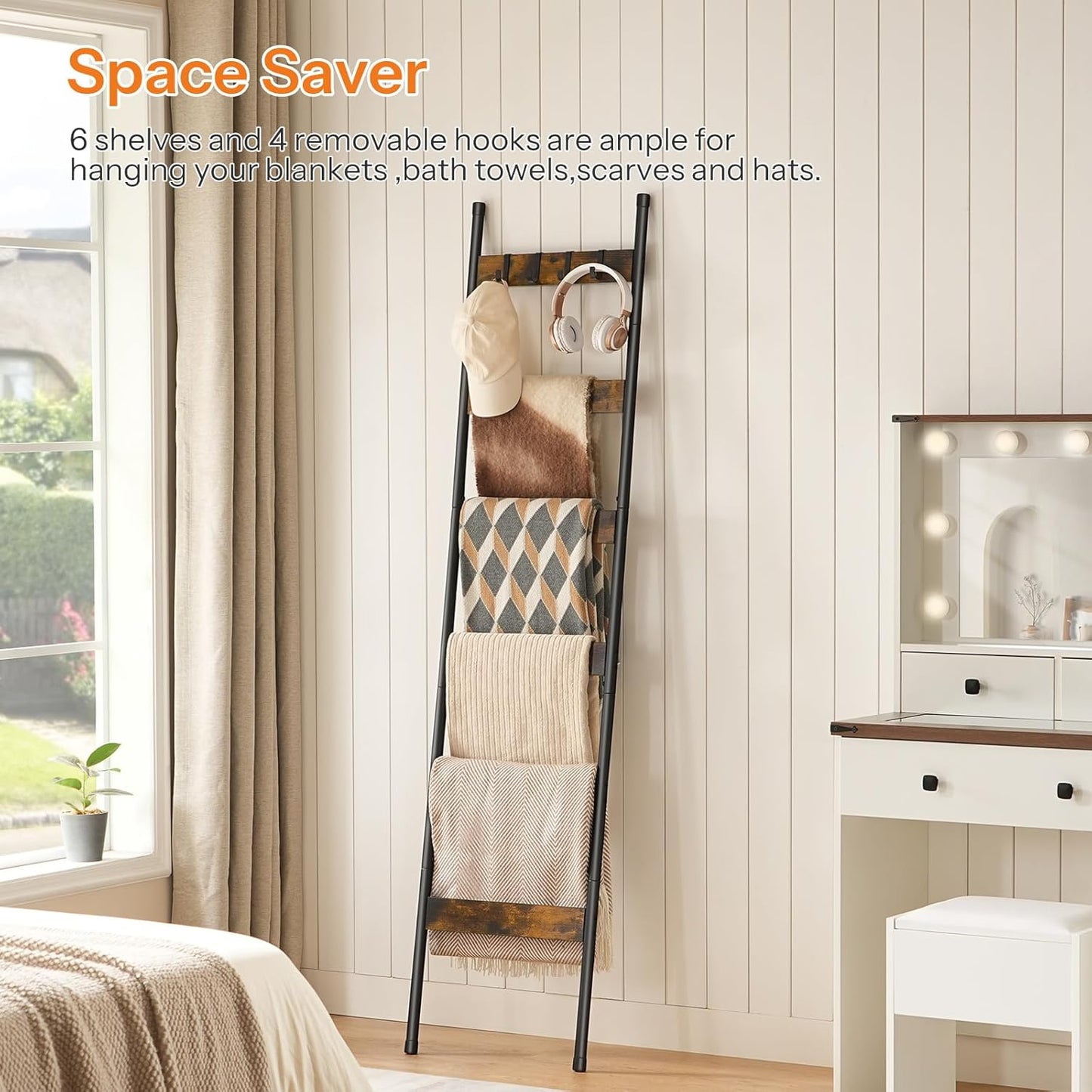 HOOBRO Blanket Ladder, 5-Tier Towel Rack with Hooks, Wall-Leaning Blanket Rack, Decorative Display Ladder Shelf, for Scarves, Industrial, Living Room, Bedroom, Rustic Brown and Black BF52CJ01