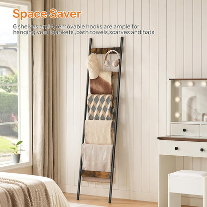 HOOBRO Blanket Ladder, 5-Tier Towel Rack with Hooks, Wall-Leaning Blanket Rack, Decorative Display Ladder Shelf, for Scarves, Industrial, Living Room, Bedroom, Rustic Brown and Black BF52CJ01