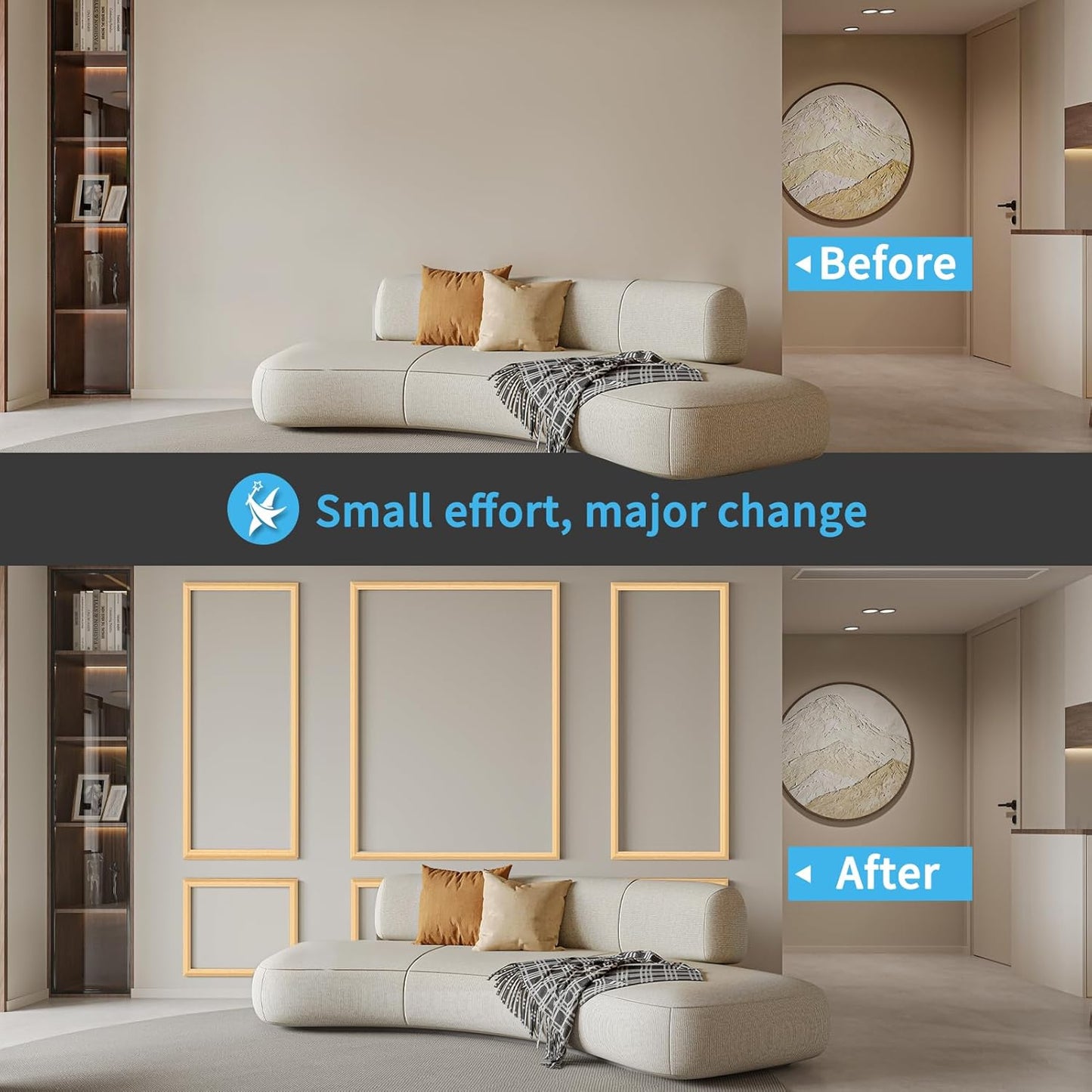 Art3d Pre-Cut Wall Molding Set of 6 pcs, Ready-to-Assemble Wainscoting Panels for Interior Wall Décor Living Room Bedroom Accent Wall - Installed with Glue, 3 Top 3 Bottom