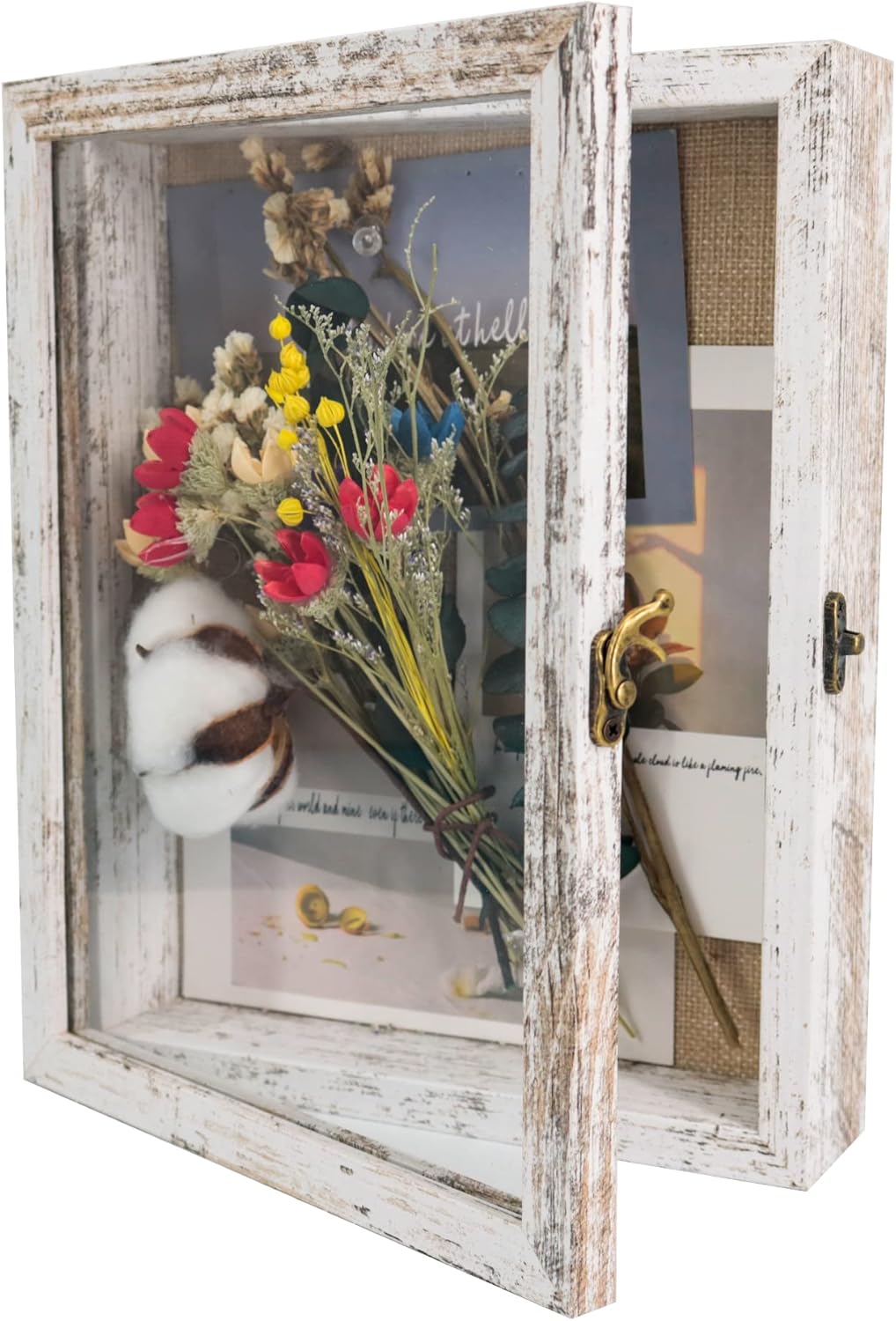 GraduationMall 13x16 Wood Shadow Box Frame Glass Door Display Case with Linen Back and 6 Stick Pins,1.5 inches Interior Depth,Ideal for Memorabilia Pictures Flowers Medals Tickets Rustic White