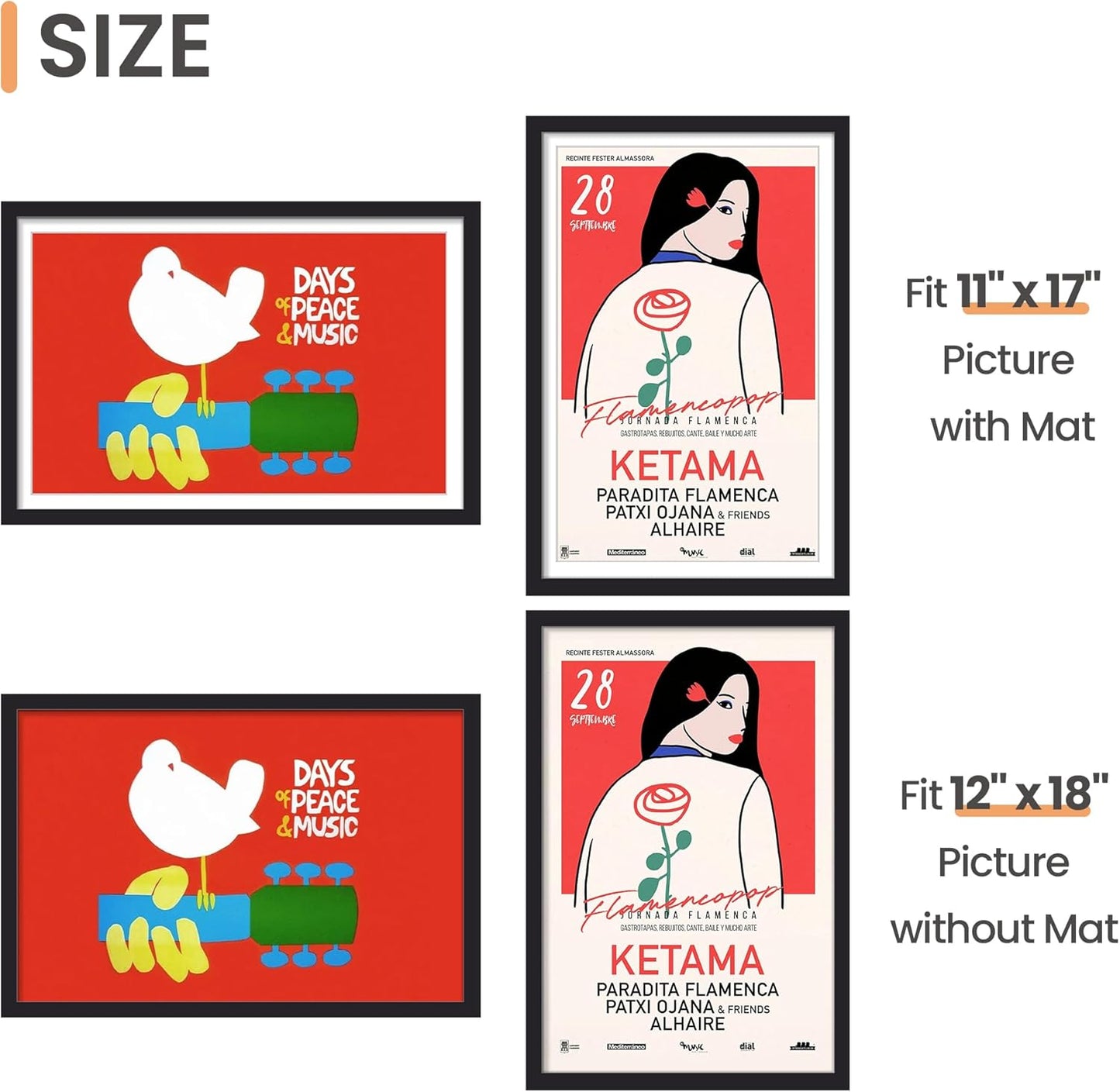 upsimples 11x14 Picture Frame Set of 5, Display Pictures 8x10 with Mat or 11x14 Without Mat, Wall Gallery Photo Frames, Black