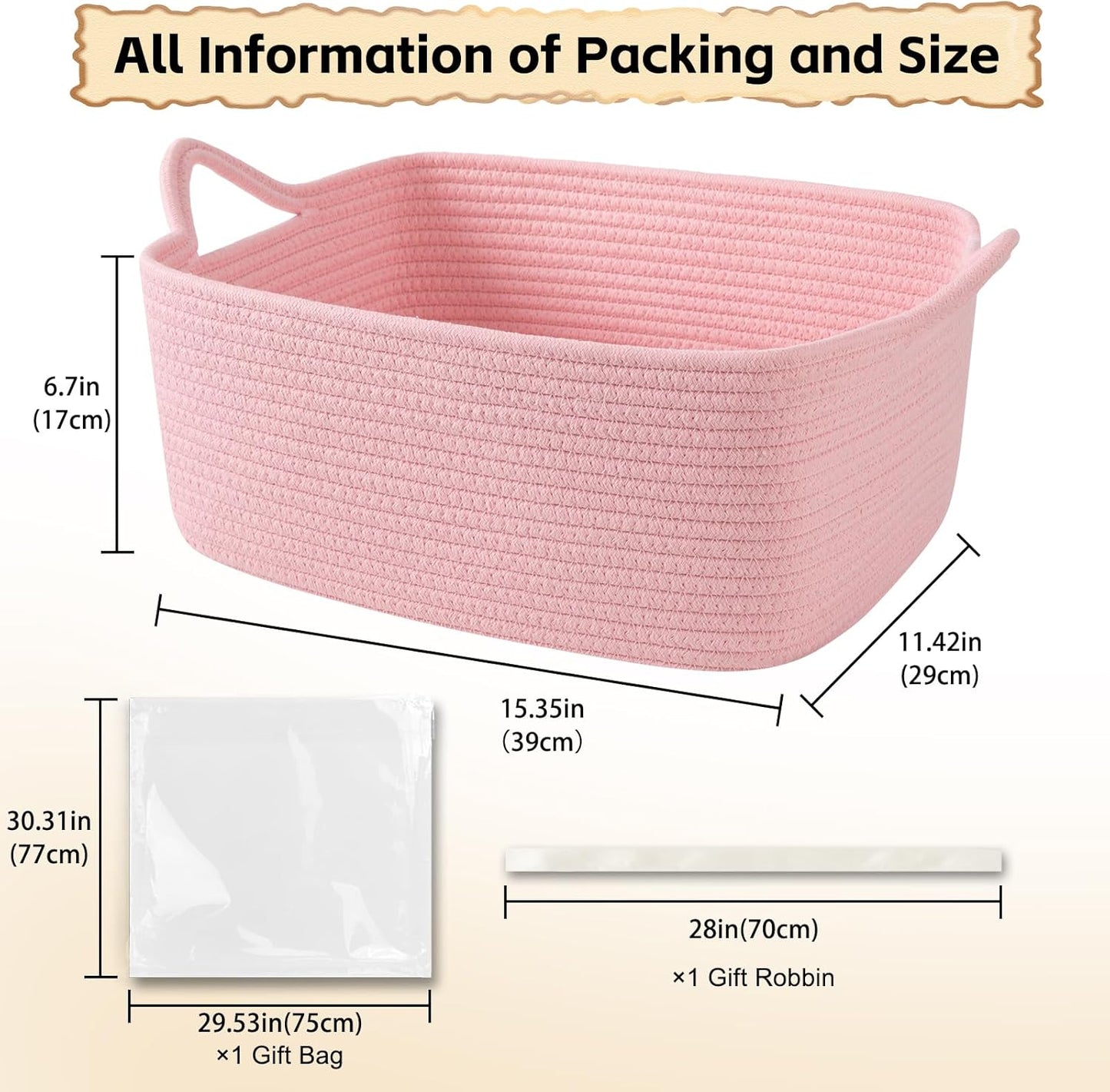 OIAHOMY Woven Basket, Gift Basket Empty with Gift Bags and Ribbons, Rope Baskets for Baby Showers, Storage Baskets with Handles for Nursery, Pet Toy Organizer - White
