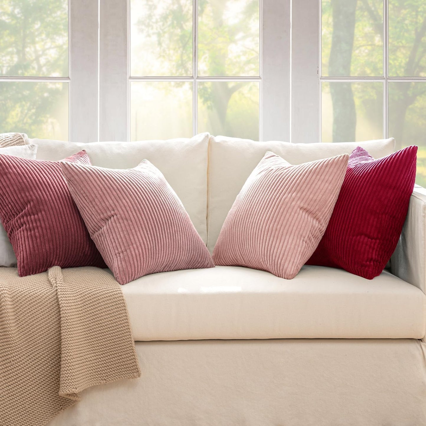 MIULEE Boho Farmhouse Sage Green Throw Pillow Covers 18x18 Inch Set of 4 Mordern Nordic Cushion Covers Soft Corduroy Spring Home Decor for Couch Bed Sofa Living Room Forest Green