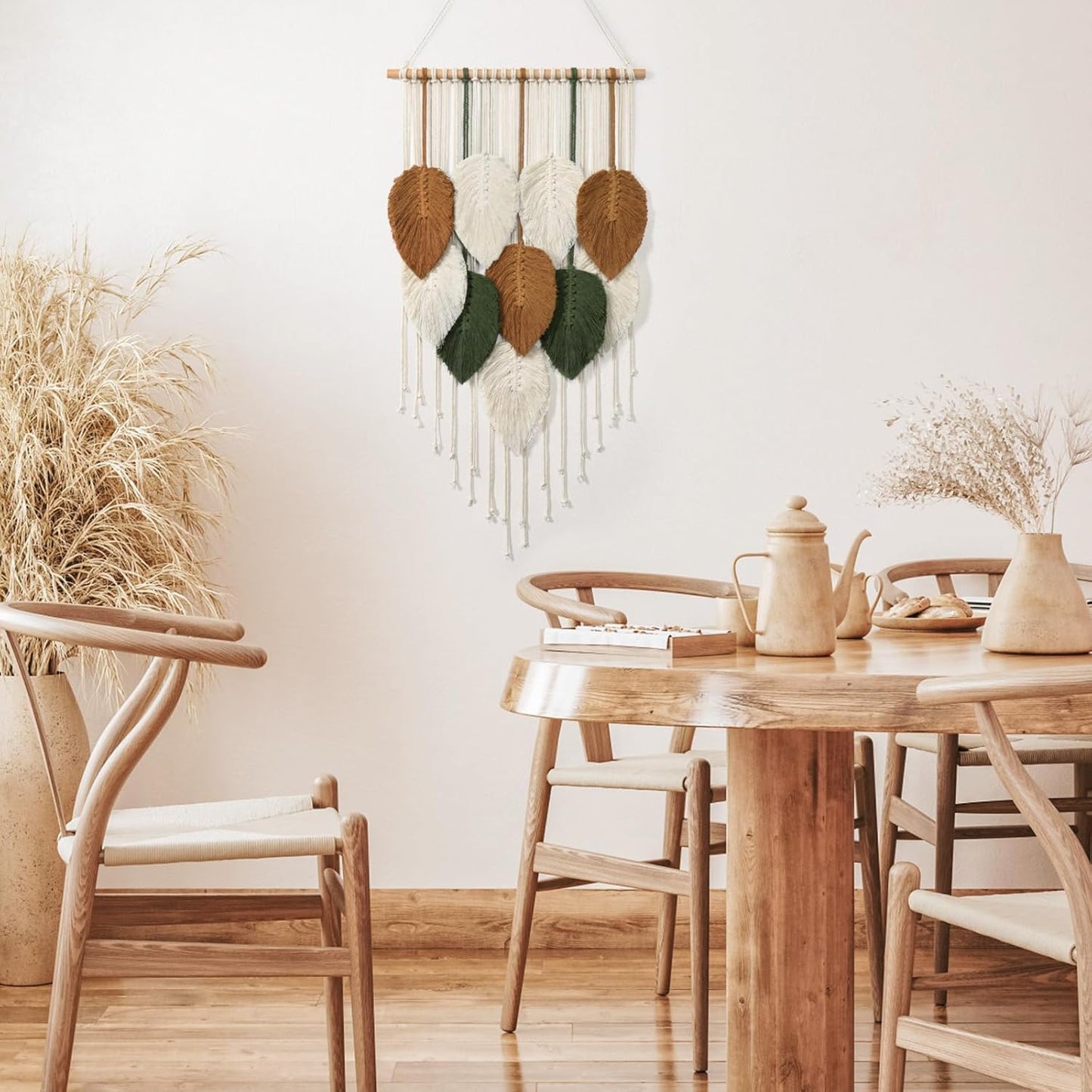 KHOYIME Large Macrame Wall Hanging Boho Woven Tapestry, Chic Home Decor Modern Bohemian Handmade Leaf Feather Wall Art Decorations for Apartment Dorm Living Room Bedroom Nursery Backdrop 39"W X 29.5"L