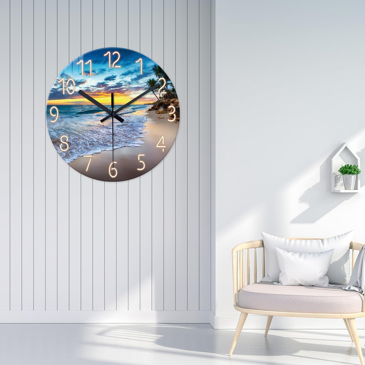 Beach Wall Clock Battery Operated 12 Inch Glass Wall Clock Non Ticking Analog Blue Wall Clocks for Bedroom Living Room Office Decor