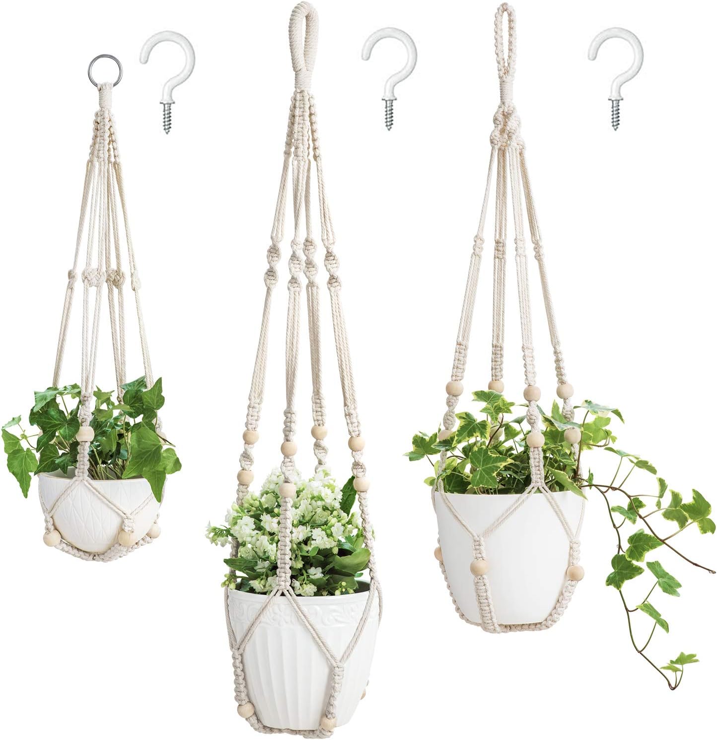 Mkono 3 Pack Macrame Plant Hangers Indoor Different Size Hanging Planter Basket Flower Pot Holder with Beads No Tassels 35"/29"/23", Medium, Brown
