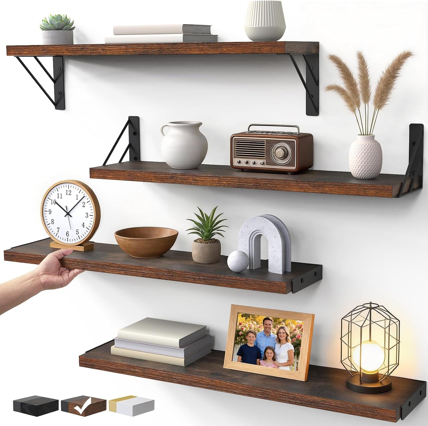 BAYKA Wall Mounted Floating Bathroom Shelves, Wood Wall Shelf for Bathroom Essentials & Decor, Space-Saving Display & Organizer (Black, Set of 4)