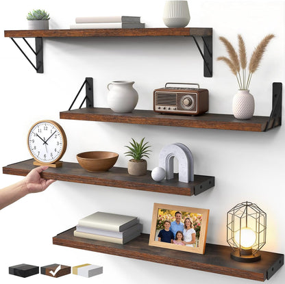 BAYKA Wall Mounted Floating Bathroom Shelves, Wood Wall Shelf for Bathroom Essentials & Decor, Space-Saving Display & Organizer (Black, Set of 4)