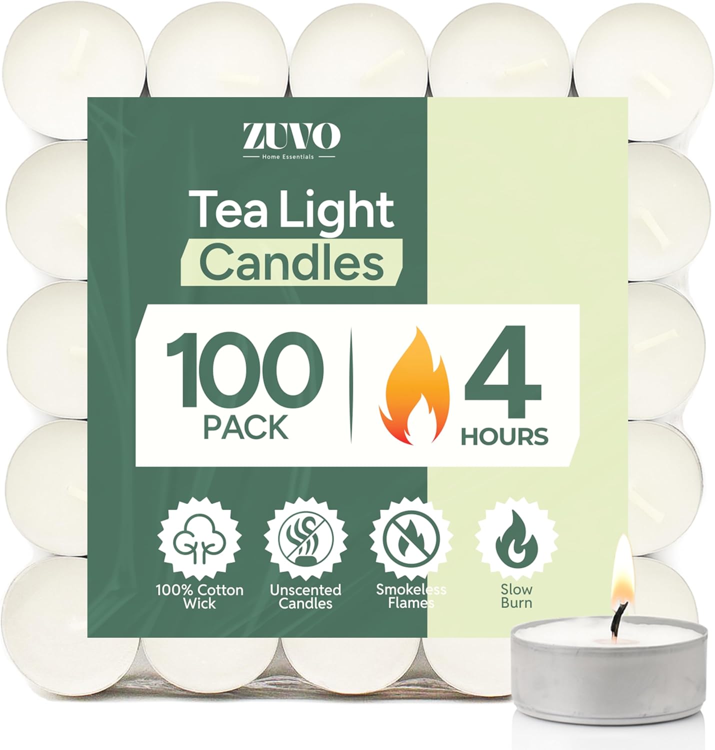Zuvo Tea Lights Candles 8 Hour Burn (50 Pack) - Unscented White Tealight Candles, Long Burning Smokeless Tea Lights for Weddings, Home, Shabbat, Emergency - European Made, Lead-Free Cotton Wick