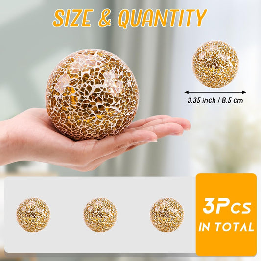 Mosaic Glass Ball 3pcs Decorative Balls for Bowls 3.35inch Gold Orbs Mirror Glass Orb Sphere for Dining Table Centerpiece Vase Living Room Wedding Party Decor