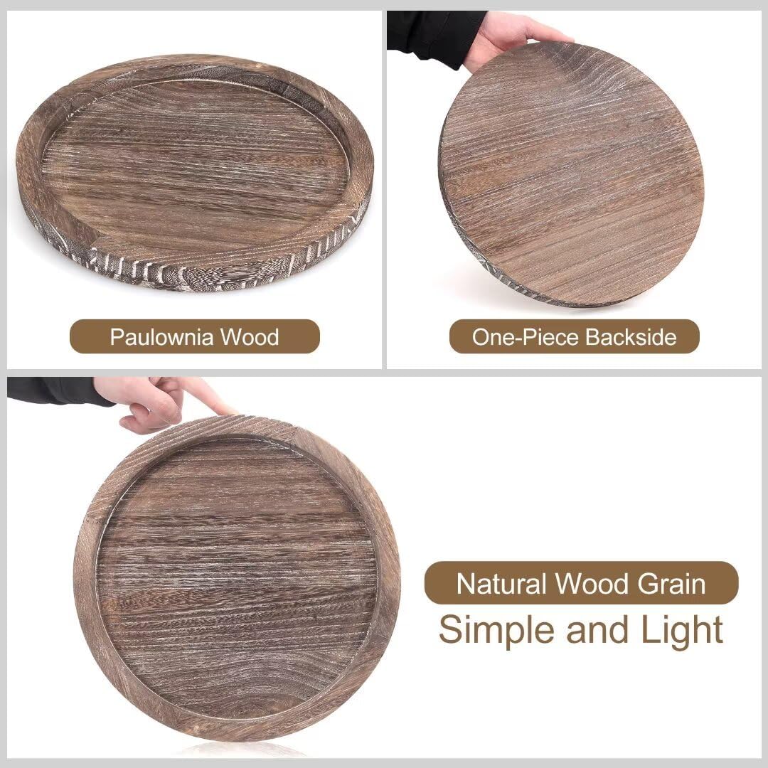 Round Decorative Tray for Coffee Dining Table Countertop Small Wooden Serving Trays Farmhouse Kitchen Home Living Room Decor and Bathroom Accessories Tray Black Rustic Wood Candle Centerpiece Trays