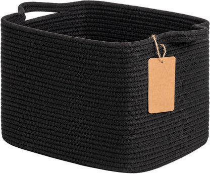 Goodpick Woven Storage Basket, Cotton Rope Basket for Dog Toys, Books, Stylish Gift Basket with Handles, 13 x 10 x 9 Inches Square Baskets for Organizing, Brown and White