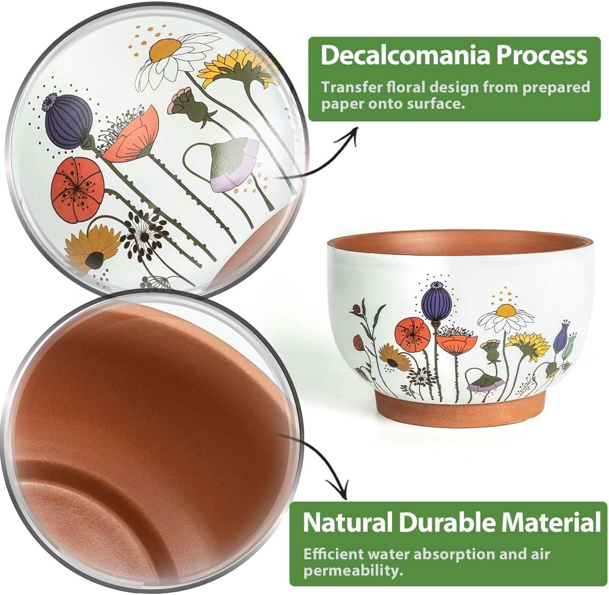 YBX 8 Inch + 6 Inch Ceramic Plant Pots, Succulent Flower Pots with Drainage Holes, Terracotta Planters for Indoor Plants, White&Terracotta (Garden)