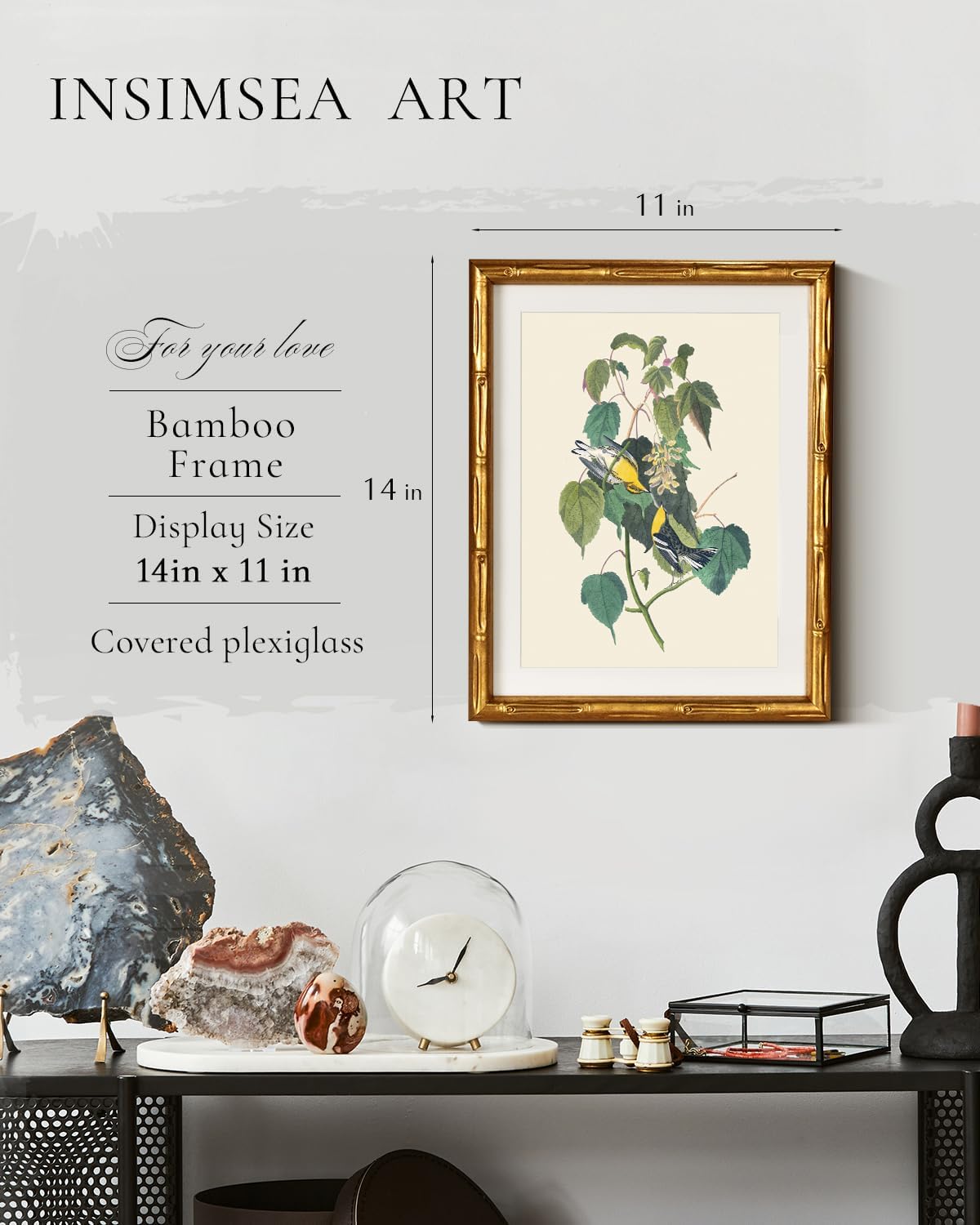 InSimSea Gold Bamboo Framed Canvas Wall Art, Retro Blue Hydrangea Botanical Prints, Antique Flowers Picture Frame with Mat, Victorian Home Wall Decor for Kitchen Living Room Bedroom, 11x14inch