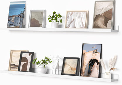 Heimlove Picture Ledge Shelf, Floating Shelves Set of 2, 24 Inches Picture Shelf for Wall with Ledge, Kids Bookshelf Wall Mounted for Living Room Bedroom Decor Books Photo Frames - White