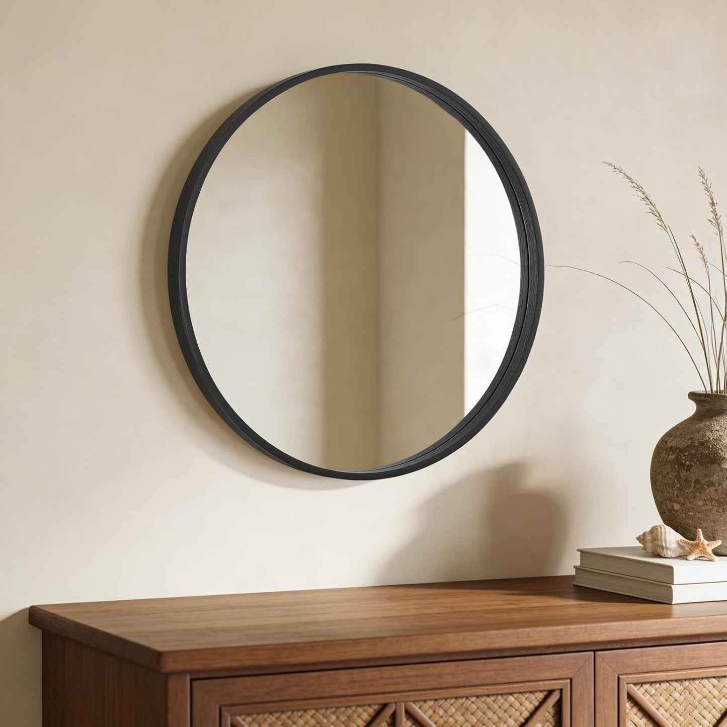 WallBeyond Wood Round Mirror with Wood Frame 24 inch Circle Wall Mirror for Bathroom Round Wall Mirror for Wall Decor, Vanity, Entryway Living Room (Walnut)