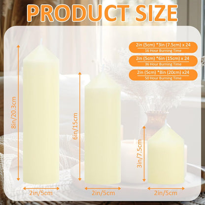 18 Pcs Ivory Pillar Candles Bulk Set，3 Different Lengths 2 x 3/4/6 Inch (6 Each)，Hurricane Candles，Dripless Unscented Smokeless，Gives You a Better Atmosphere When Organizing an Event Party.