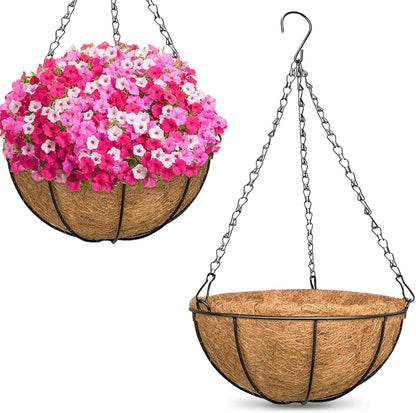 ZeeDix 2 Pack 14 Inch Hanging Baskets for Plants Outdoor, Metal Wire Round Planters with Coco Liner, Hanging Flower Baskets for Home Garden Porch Balcony Railings Decor