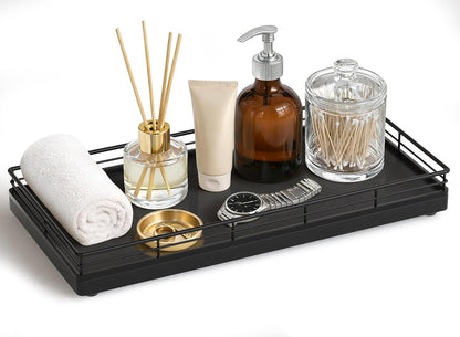 Bathroom Vanity Tray for Countertop, 12" x 6" Acacia Wood Toilet Tank Tray with Metal Guardrail, Bathroom Organizer for Soap, Perfume & Skincare, Non-Slip Decorative Tray for Dresser, Black & Acacia