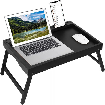 Bed Tray Table with Handles Folding Legs,Bamboo Breakfast Food Tray with Media Slot,Use As Platter,Laptop Desk,Snack,TV Tray Kitchen Serving Tray Black Large
