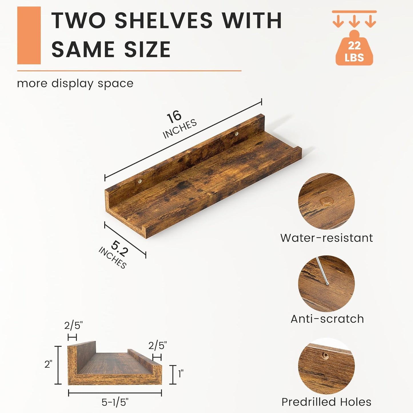 FLYJOE Picture Ledge Shelf, Floating Shelves Set of 2, 48 Inches Long Large Nursery Book Shelves for Toys Storage, Kids Bookshelf Wall Mounted for Living Room Bedroom Decor Books Photo Frames, Walnut