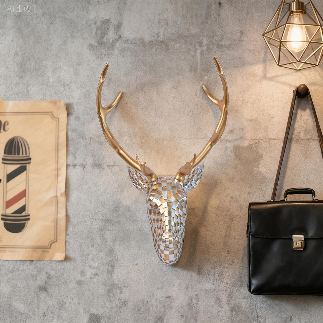 GIGICICI Mosaic Deer Head Wall Decor 15.7x8.7 Inch, Artistic Faux Resin Animal Head Wall Sculpture Hanging for Living Room Bedroom Kitchen Office, Black-White Gift