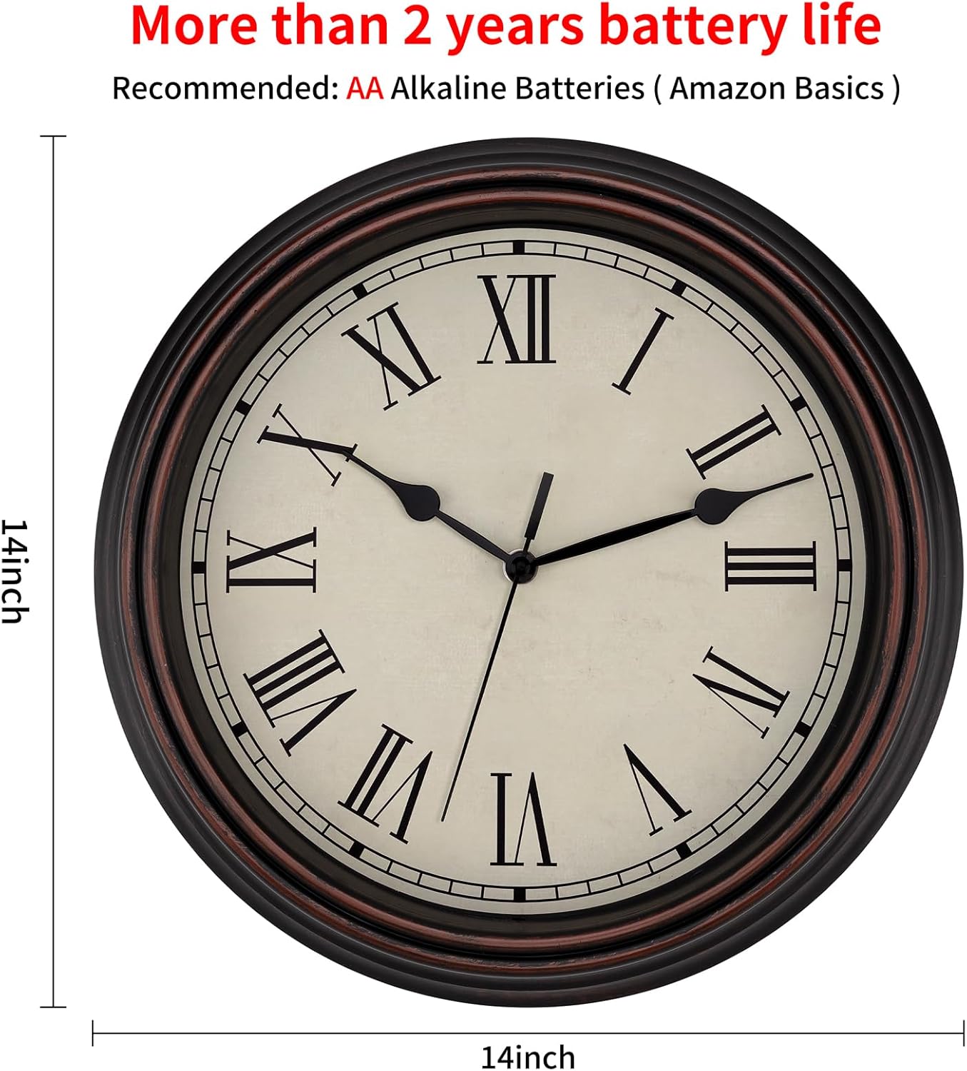 Foxtop Retro Silent Non-Ticking Round Classic Clock Quartz Decorative Battery Operated Wall Clock for Living Room Kitchen Home Office 12 Inch (Bronze)