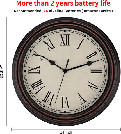 Foxtop Retro Silent Non-Ticking Round Classic Clock Quartz Decorative Battery Operated Wall Clock for Living Room Kitchen Home Office 12 Inch (Bronze)