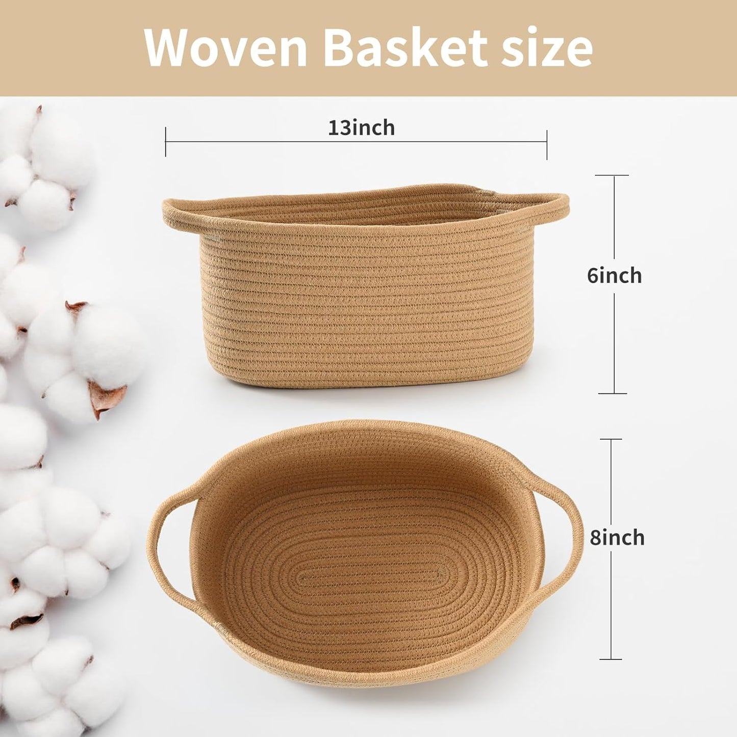 Happyiren Medium Woven Cotton Rope Basket with Handle Empty Decorative Gift Basket for Baby Shower, Graduation, Mother's Day, Nursery Storage 13" Dia x 8" W x 6" H