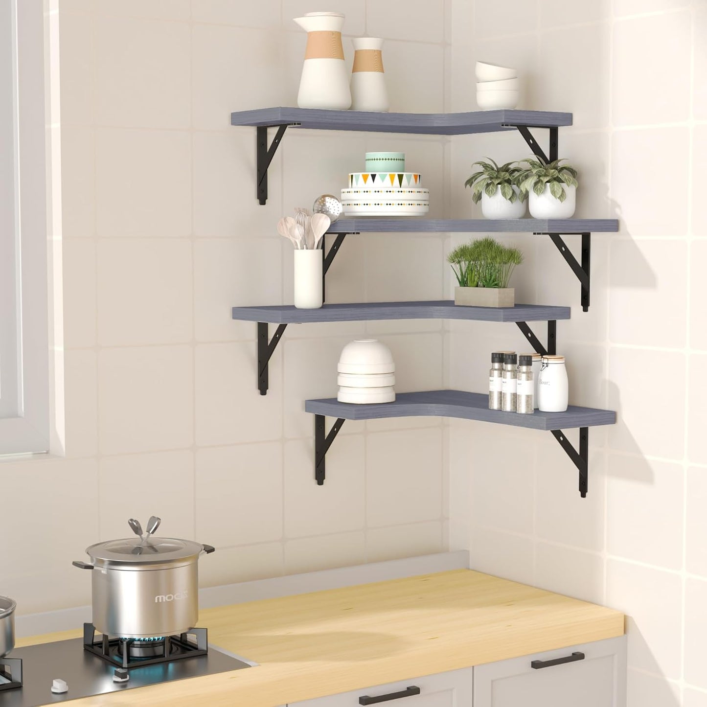 ROMGUAR CRAFT Corner Floating Shelves Wall Mounted Set of 4, Rustic Wood Storage Display Shelves for Home Decor, Bathroom, Kitchen, Bedroom, Living Room, Office (Black)