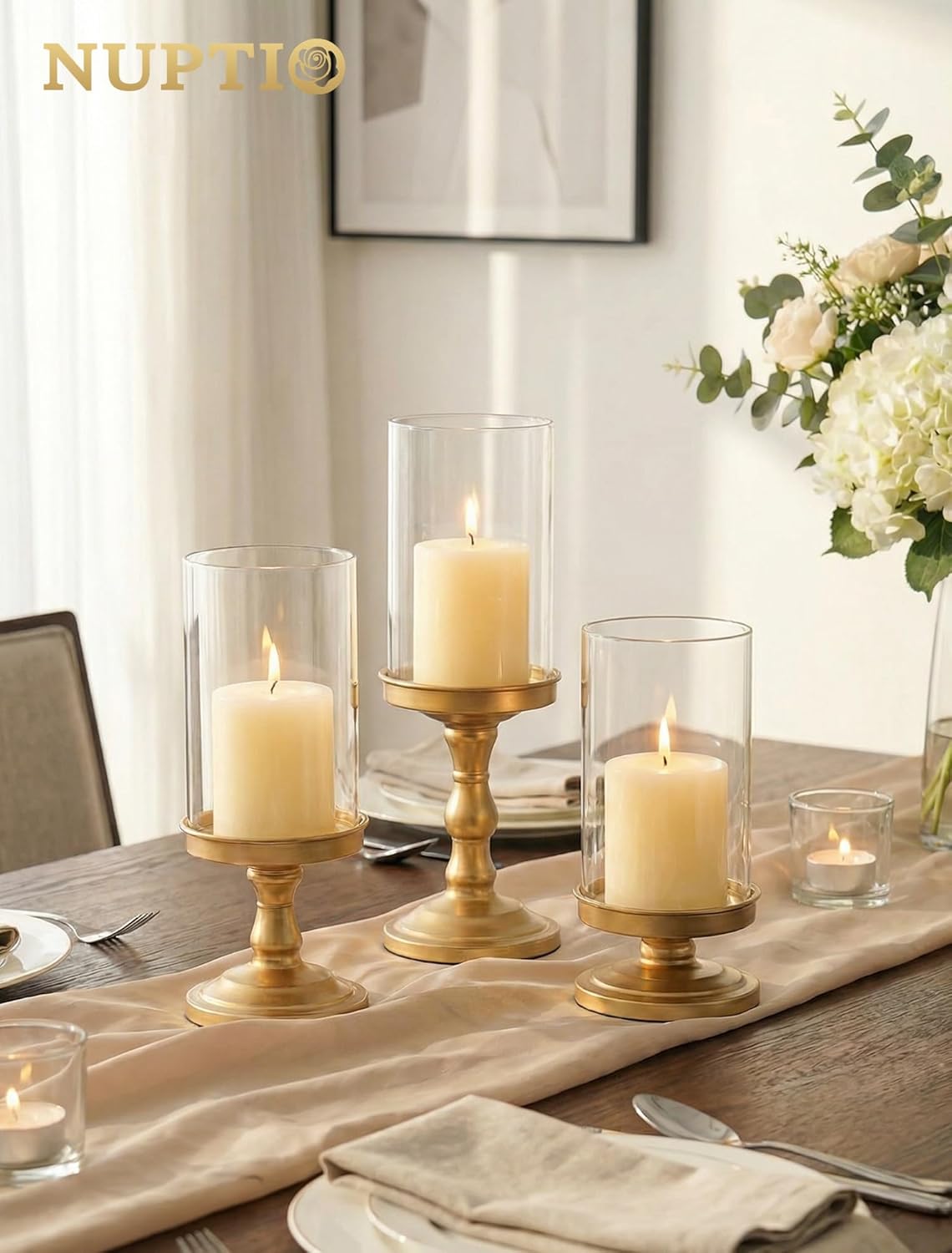 NUPTIO Hurricane Glass Candle Holders: Pillar Candle Stand with Open Ended Chimney - Set of 3 Gold Metal Candleholder for Fireplace Dining Table Centerpiece
