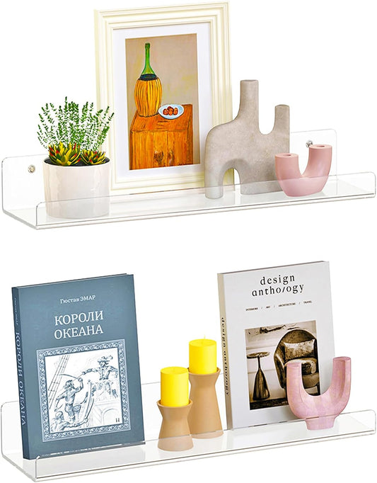 Dooiclear 4 Pack Floating Shelves for Wall, 15" Clear Book Shelf, Acrylic Floating Wall Shelf, Display Shelves Organizer for Bathroom, Classroom, Bedroom, Living Room, Kitchen, Room Decor