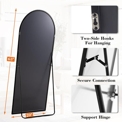 DUMOS Arched Full Length Mirror with Stand 64"x21" Floor Standing Aluminum Frame for Bedroom Body Hanging Leaning Modern Simple Home Decor Shatter-proorf Nano Glass Wall Living Room Cloakroom Black