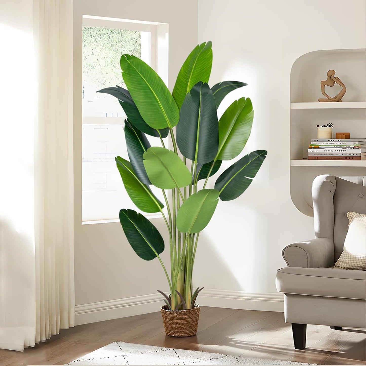 Artificial Bird of Paradise Plant 5.2Ft Fake Tropical Palm Tree with 10Trunks Faux Banana Leaf Trees in Pot for Home Indoor Outdoor Office Modern Decor Housewarming Gift（1Pcs）