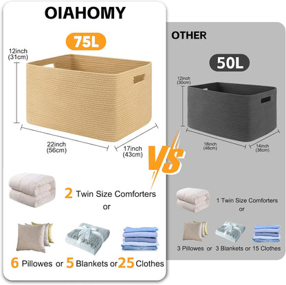 OIAHOMY 75L Large Woven Cotton Rope Storage Basket with Handle for Organizing Blanket and Toys for Living Room, Nursery, Brown Variegated 22”x17”x12”