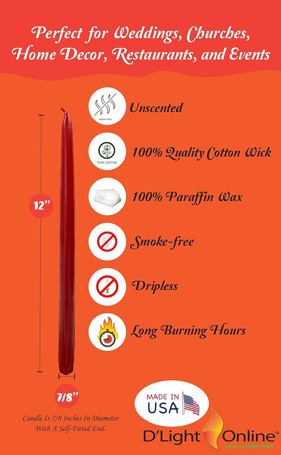 D'light Online White Taper Candles, 10 Inch Premium Quality Candles Hand-Dipped Tapered Candles, Dripless, Smokeless and Unwrapped Bulk Pack for Events - Set of 12 (10 Inch, White)