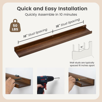 FLYJOE Picture Ledge Shelf, Floating Shelves Set of 2, Solid Pine Wood 55'' Long Large Nursery Book Shelves for Toys Storage, Kids Bookshelf for Living Room Bedroom Decor Books Photo Frames, Walnut