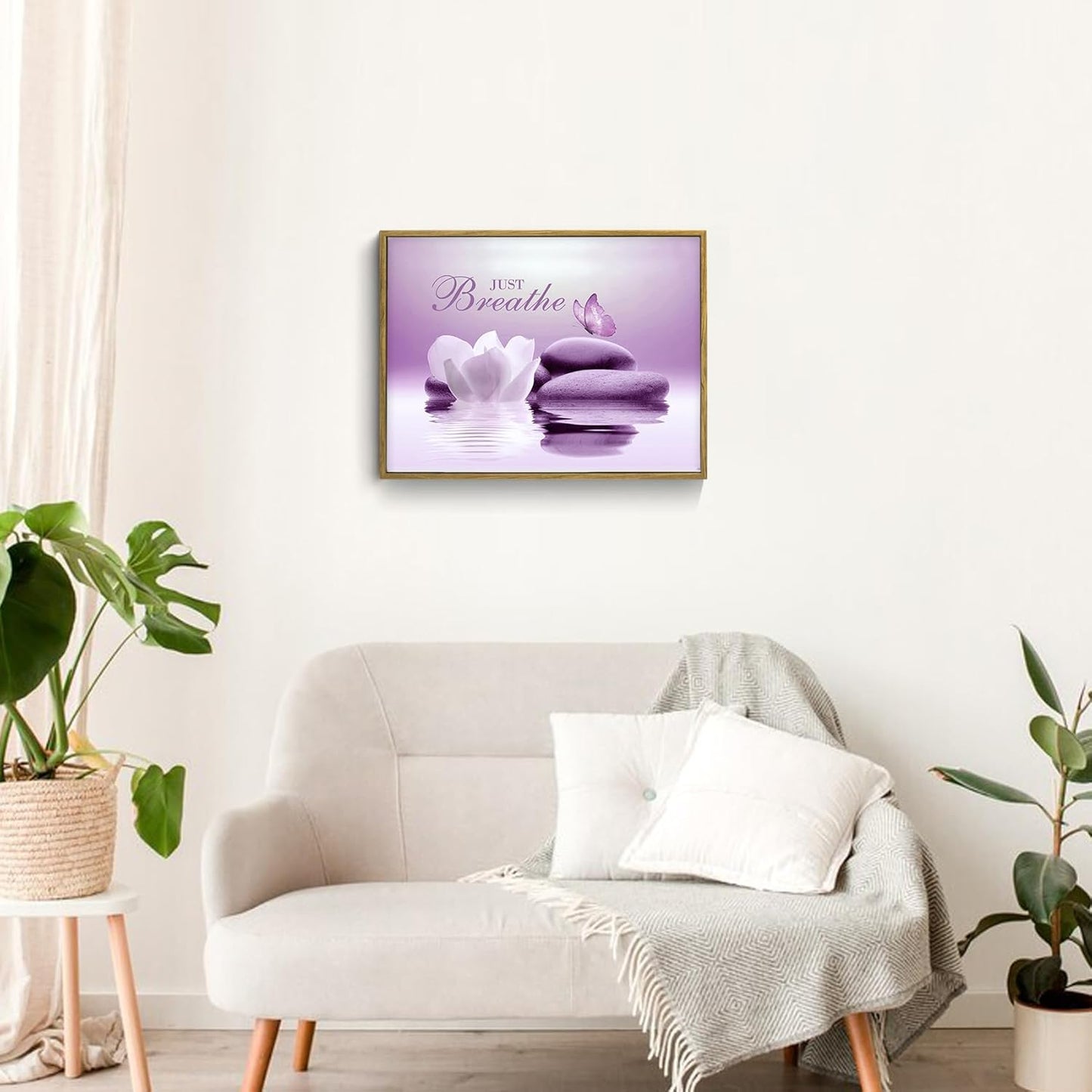 EOBTAIN Zen Flower Canvas Wall Art Bathroom Butterfly and Water Lily Stone Relaxing Spiritual Yoga Framed Wall Art Just Breathe Pictures Canvas Wall Decor for Living Room Bedroom,12x16 Inches