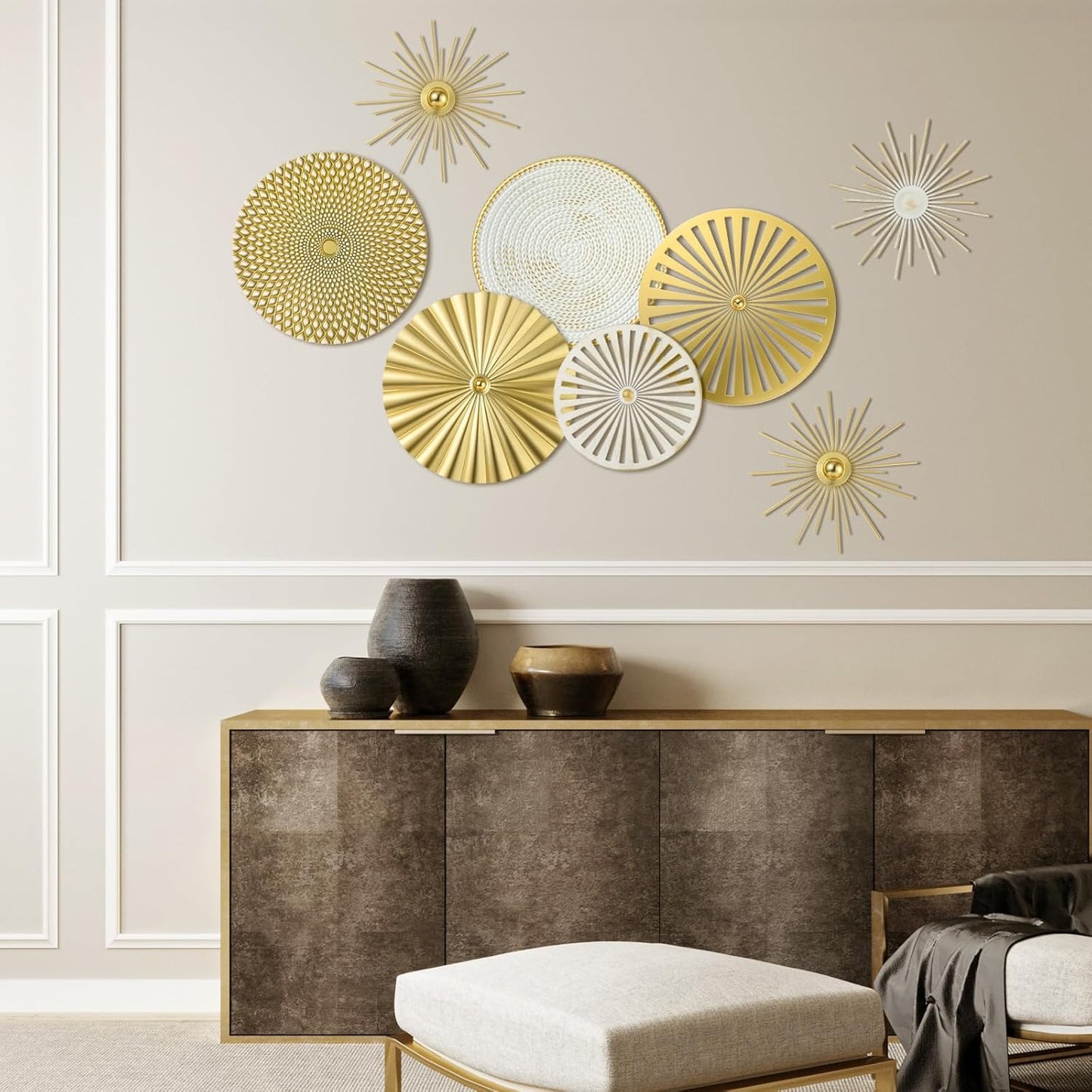 8 Pcs Gold Wall Decor Modern Metal Decor Metal Starbursts Radial Plate Art Hanging Decorative Wall Decorations for Home Bedroom Bathroom Living Room Office Sculpture(Gold)