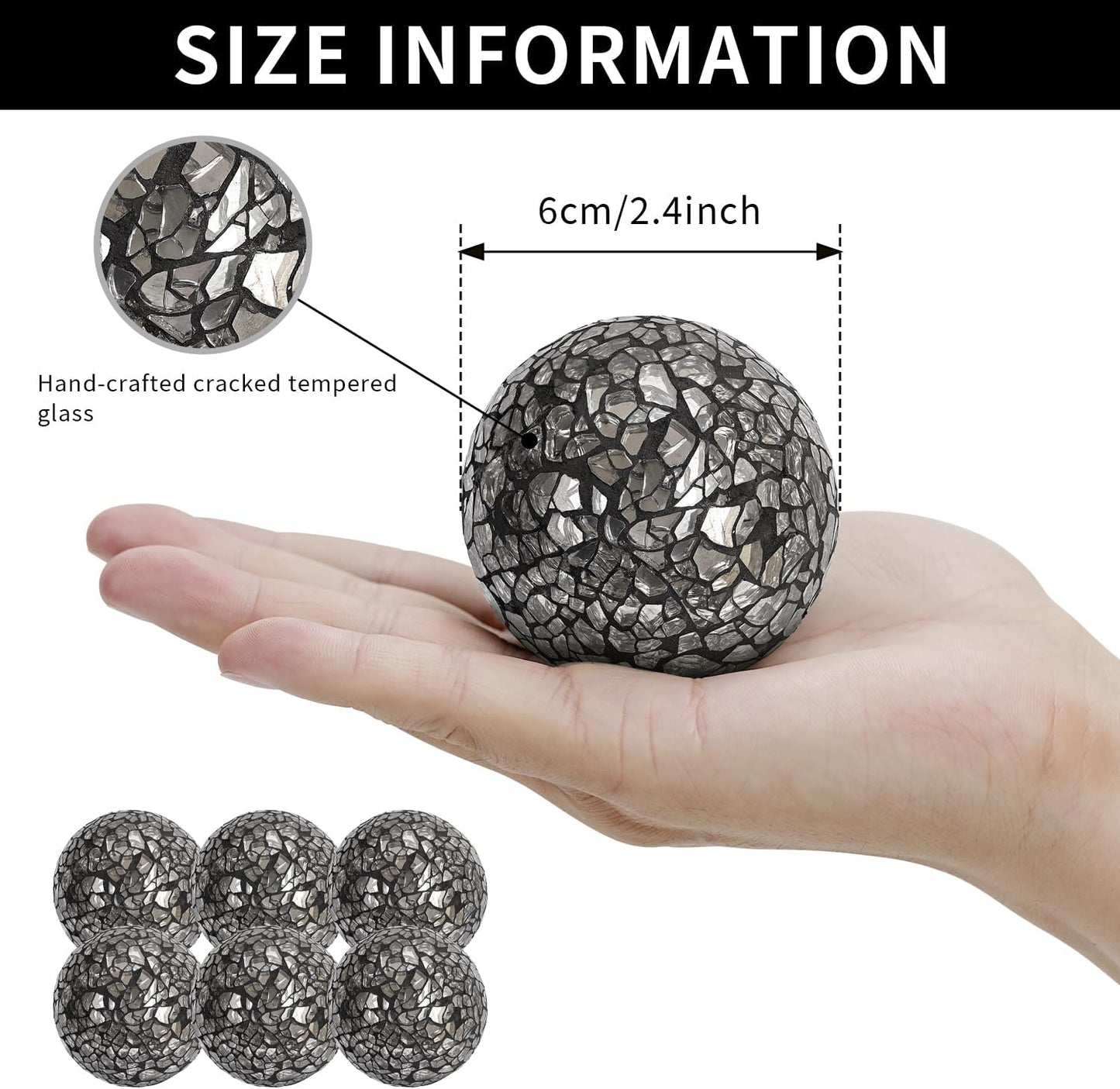 Kesywale 6PCS Decorative Balls Set 2.4 Inches/ 6cm Small Mosaic Spheres Glass Orbs Decorative Balls for Centerpiece Bowls Vases Fillers Dining Coffee Table Wedding Party Decor (Black)