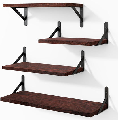 YGEOMER Floating Shelves for Wall, Different Sizes Dark Carbonized Brown Wall Shelves for Living Room, Bathroom, Bedroom, Kitchen, Home Decor (Set of 4)