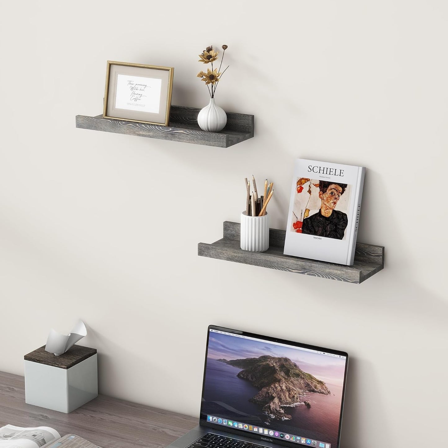 FLYJOE Picture Ledge Shelf, Floating Shelves Set of 2, Solid Pine Wood 55'' Long Large Nursery Book Shelves for Toys Storage, Kids Bookshelf for Living Room Bedroom Decor Books Photo Frames, Walnut
