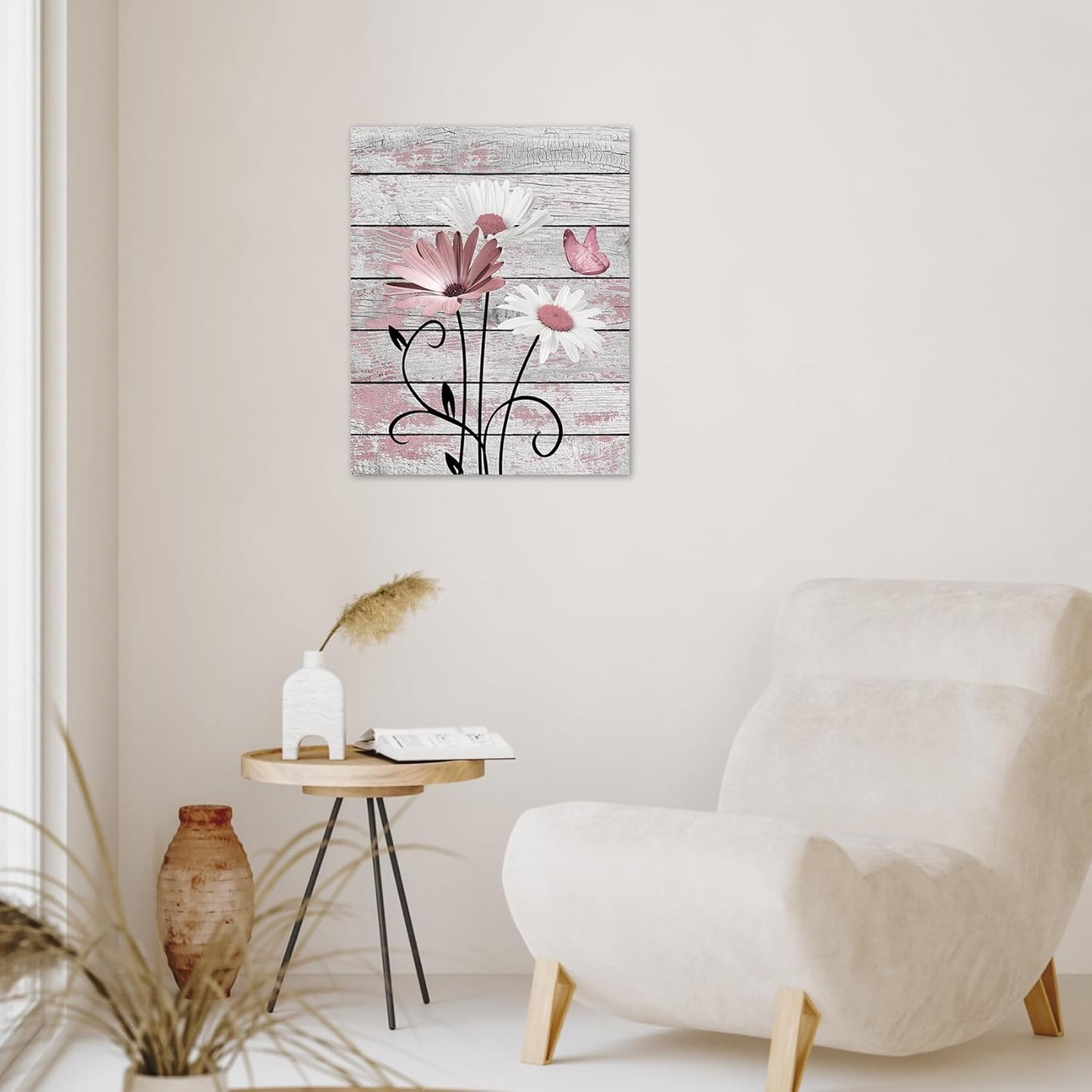 HVEST Farmhouse Floral Wall Art for Living Room, Blue and White Daisy Flower and Butterfly on Rustic Wood Board Canvas Wall Art Framed Artwork Ready to Hang for Bathroom Bedroom Decor, 16L X 12W