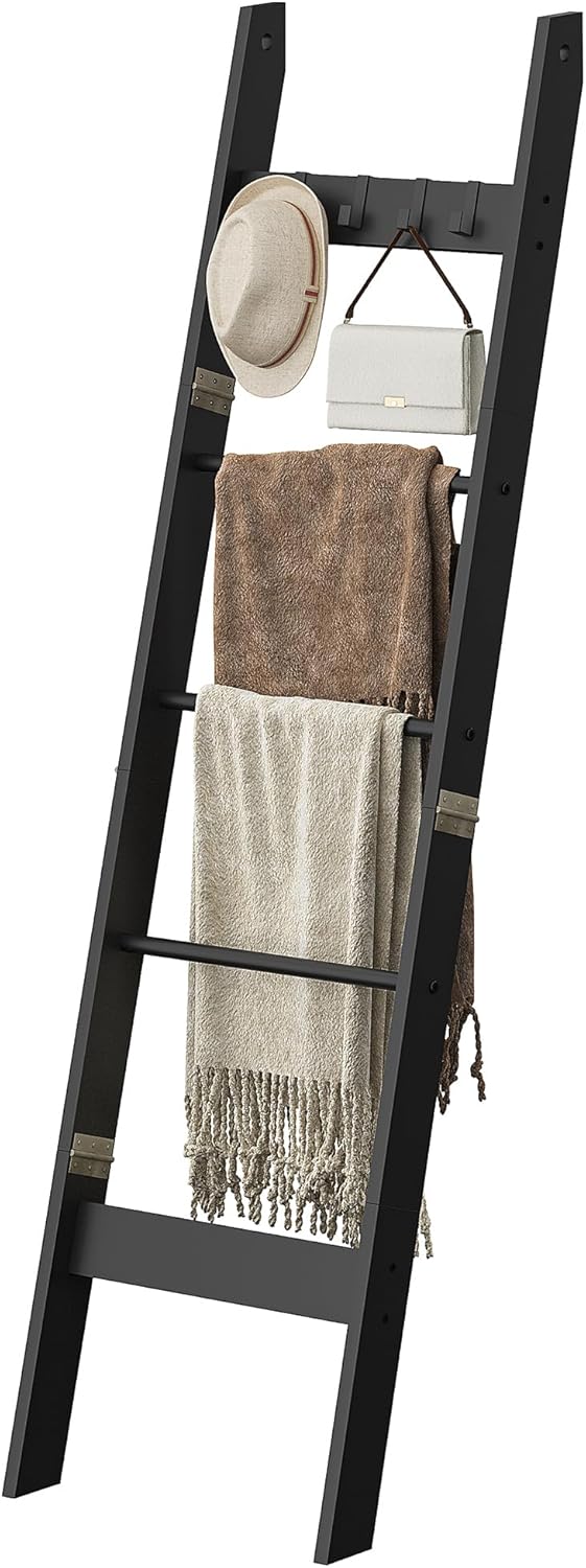 Hzuaneri Blanket Ladder for Living Room, Decorative Quilt Rack with 4 Removable Hooks, 5-Tier Farmhouse Ladder Holder Shelf Organizer for Bedroom, Rustic Brown and Black 02101BBR